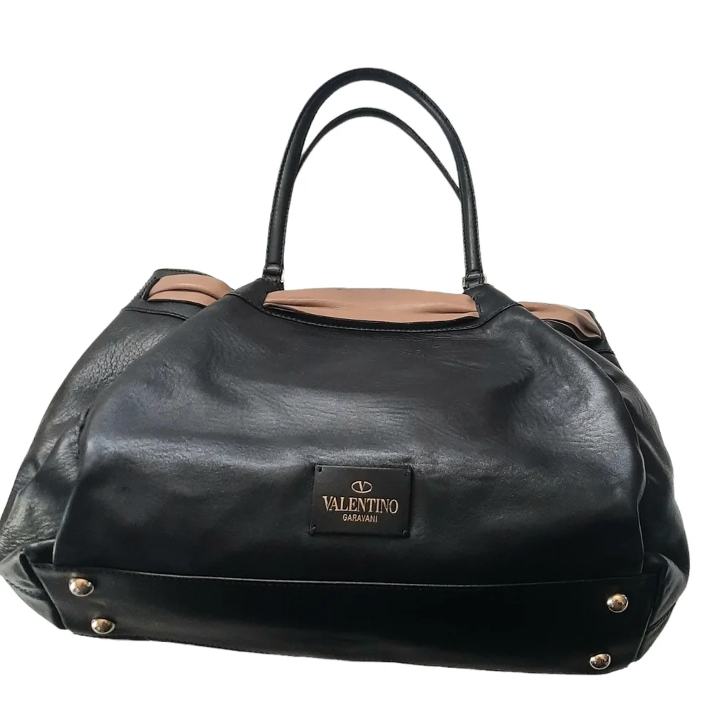 VALENTINO GARAVANI Black Leather Aphrodite Bow Tote w/Belted Tan Leather Bow